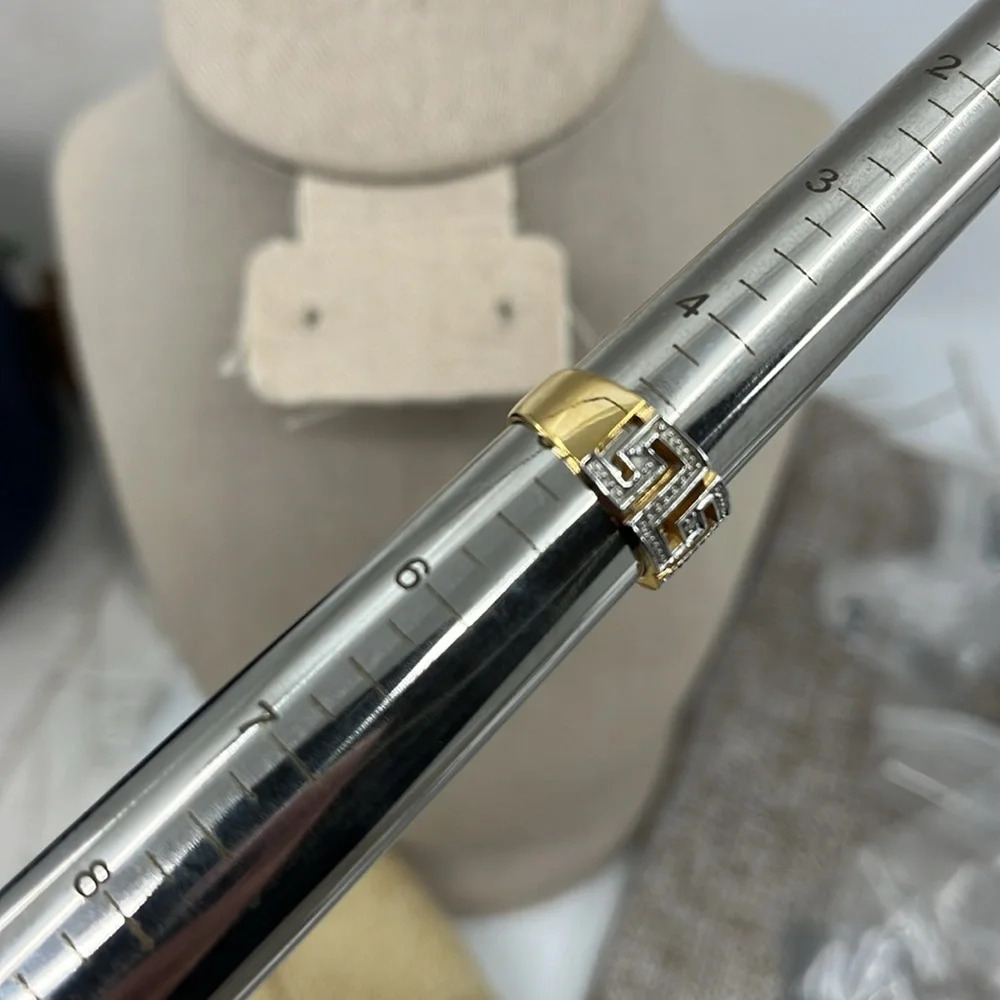 Signed SETA Vintage Greek Key Two-Tone Gold Silver CZ Band Ring Size 5 - Picture 12 of 16